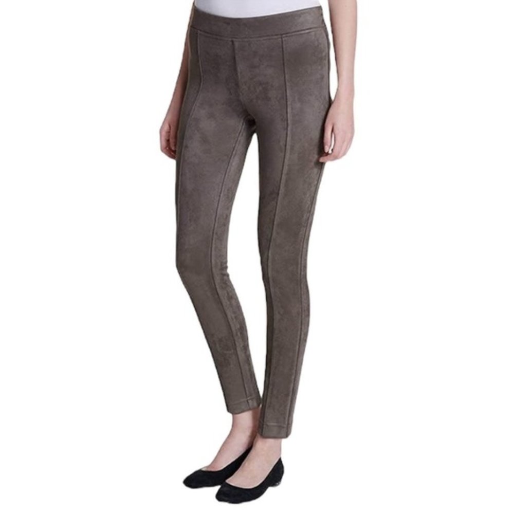 Andrew Marc Seamed Mid Rise Slim Pull On Pants in Taupe Faux Suede
